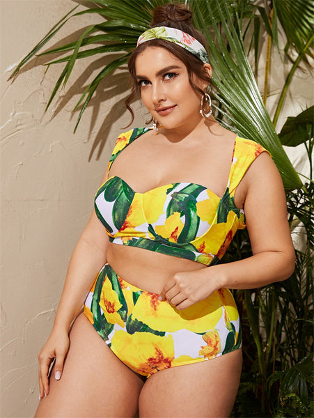 Plus Cut-out Underwire Bikini Swimsuit With Beach Skirt Yellow