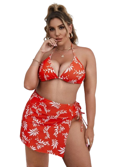 Plus Size Marble Print Bikini Swimsuit Red