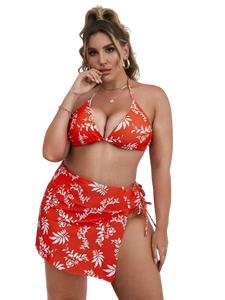 Plus Size Marble Print Bikini Swimsuit Red