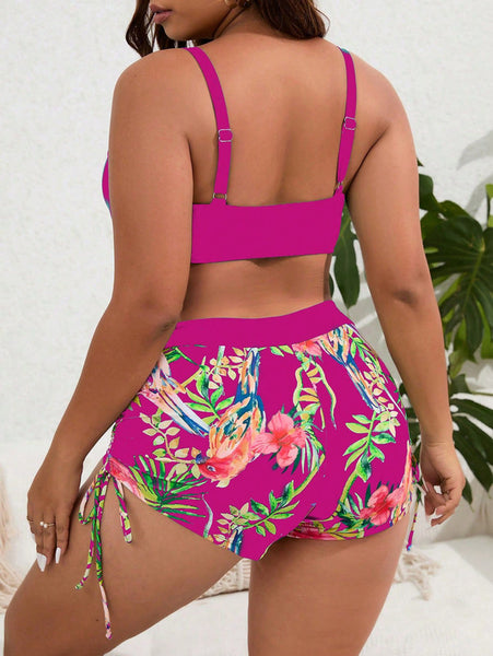 Plus Tropical Print Push Up Bikini Swimsuit Pink