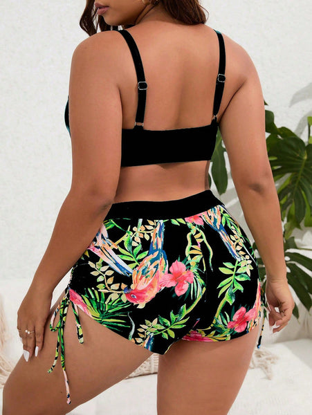 Plus Tropical Print Push Up Bikini Swimsuit Black