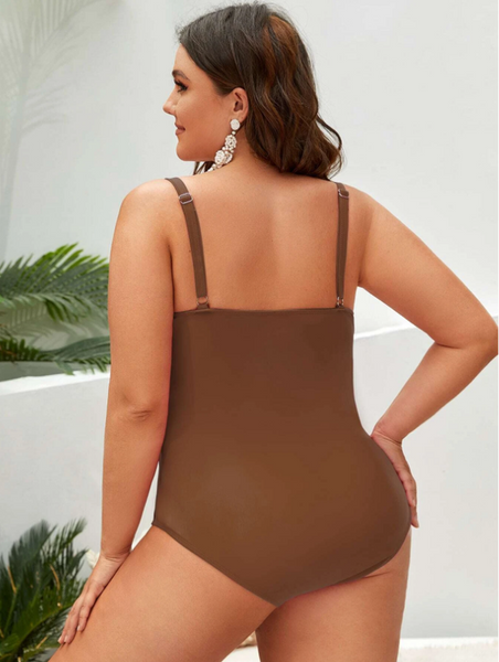 Plus Ruched Wrap Cross Push Up One Piece Swimsuit Brown