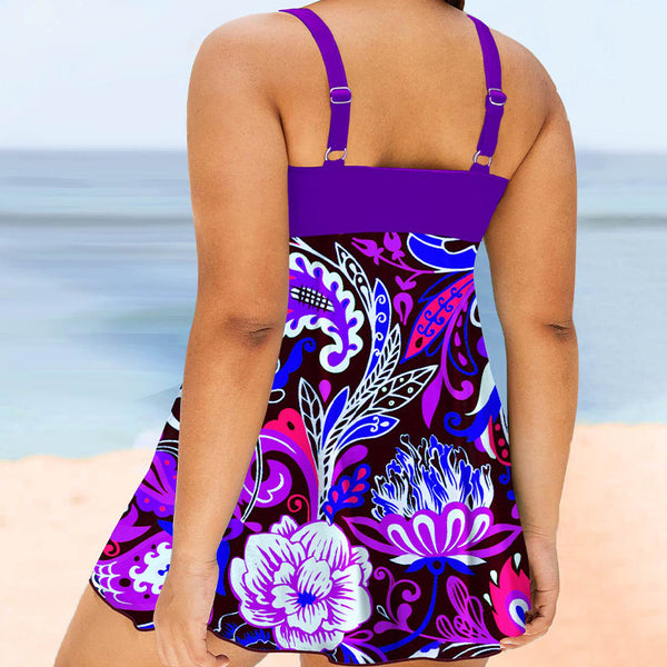 Plus Size Floral Violet Tankini 2 Piece Swimsuit