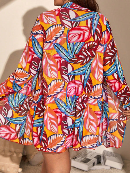Plus Tropical Print Bikini Swimsuit With Kimono Multicolor