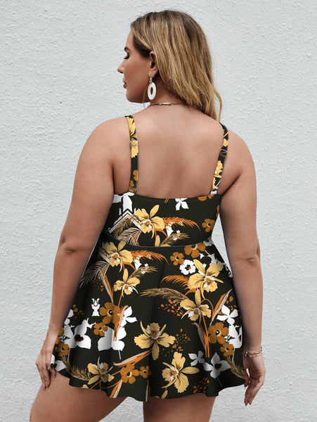 Plus Size Floral Print Swim Dress With Shorts Brown