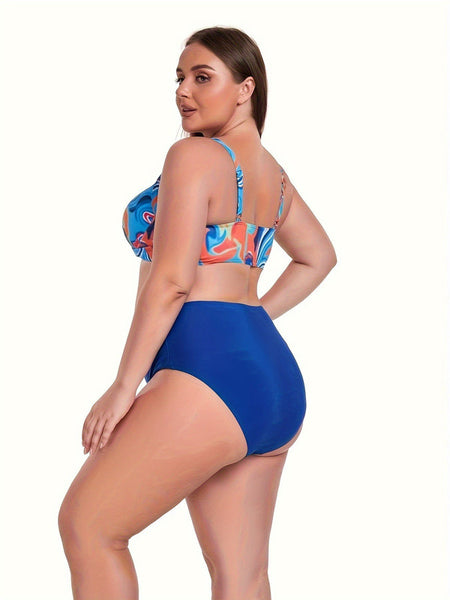 Plus Fluid Print Twist Front Bra Solid Panty Open Front Cover Up Swimsuit Blue