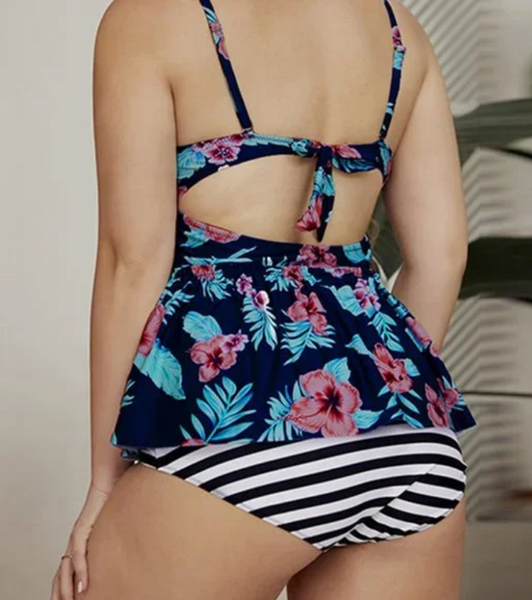 Plus Size Blue 2pcs Floral Print Flounce Tankini Swimsuit