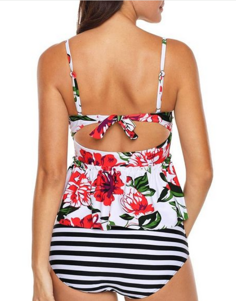 Plus Size White 2pcs Floral Print Flounce Tankini Swimsuit