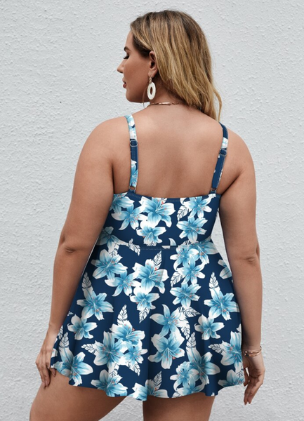 Plus Size Floral Print Swim Dress With Shorts Sky Blue