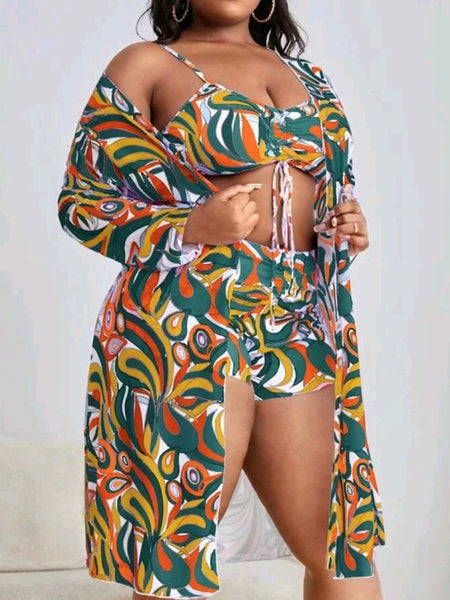 Plus Size 3-Piece Tropical Print Drawstring Bikini Set With Matching Cover-Up Yellow