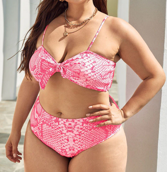 Plus Size Three Piece Fish Scale Print Knotted Swimsuit Pink