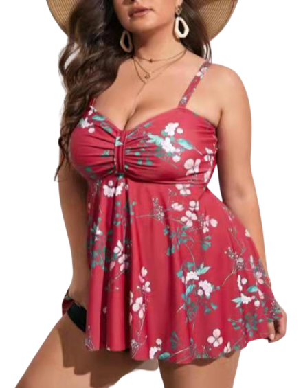 Plus Size Floral Print Swim Dress With Shorts Red