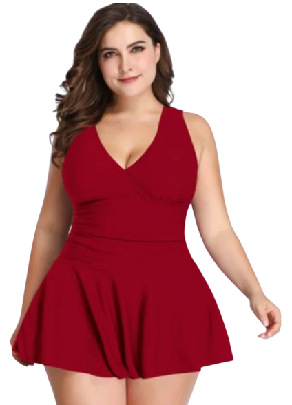 Swimdress Red Two Piece Retro V-Neck Swimsuit with Ruffles