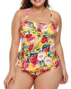 Plus Size Floral Print Crisscross Detail Teddy Swimsuit 