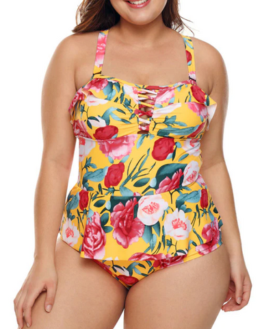 Plus Size Floral Print Crisscross Detail Teddy Swimsuit 