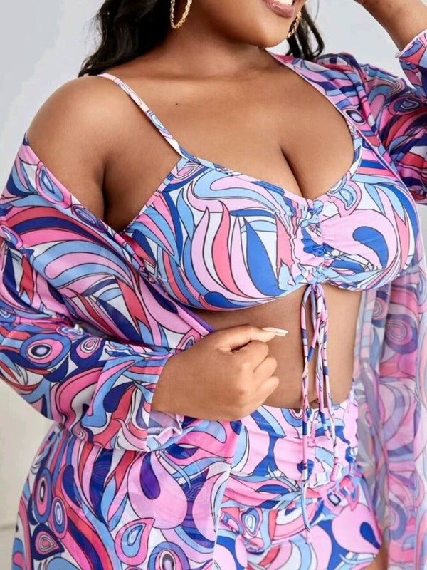 Plus Size 3-Piece Tropical Print Drawstring Bikini Set With Matching C