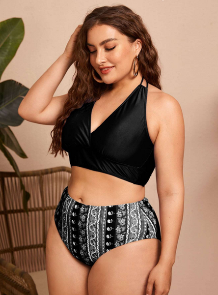 Plus Floral Striped Halter Bikini Swimsuit With Beach Skirt Black