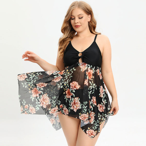 Plus Size Black Floral Printed Two Pieces Swimsuits