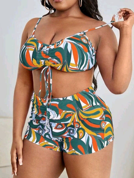 Plus Size 3-Piece Tropical Print Drawstring Bikini Set With Matching Cover-Up Yellow