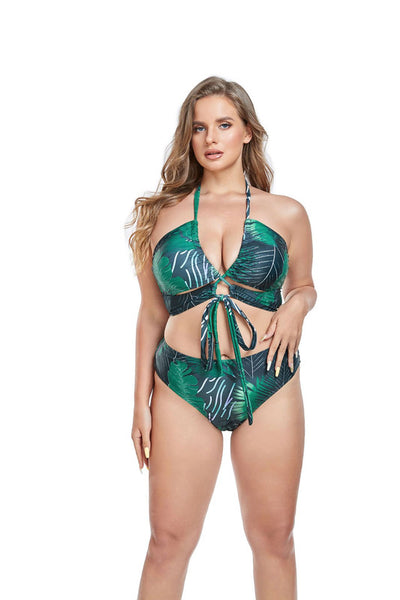 Plus Tropical Print Bikini 3 Piece Bathing Suit Green
