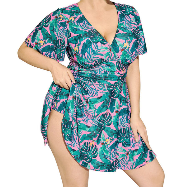 Plus Tropical Print Butterfly Sleeve Bikini Swimsuit Pink