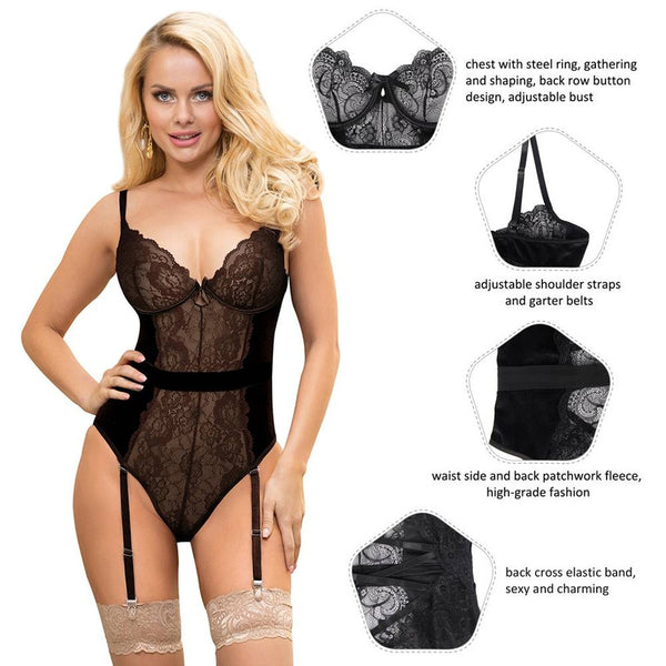 Garter bodysuit With Underwire Sexy Lace Velour Plus Size Lingerie