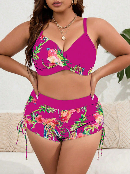 Plus Tropical Print Push Up Bikini Swimsuit Pink