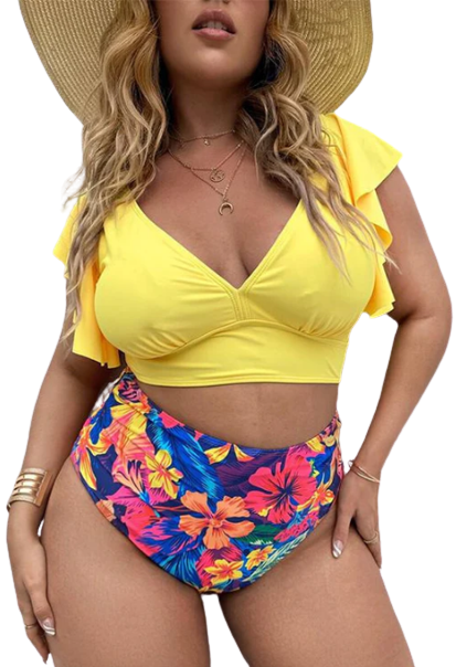 Plus Size Yellow Floral Tropical Print Ruffle Sleeve High Waist Bikini