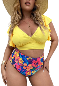 Plus Size Yellow Floral Tropical Print Ruffle Sleeve High Waist Bikini