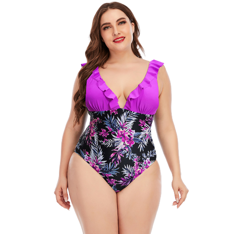 Plus Size Purple One Piece Swimsuits Deep V Neck