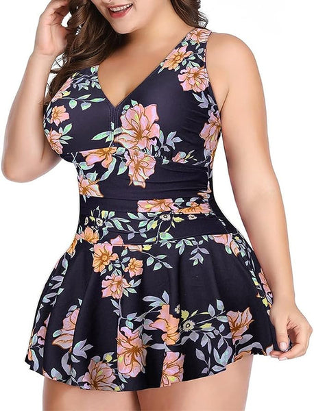 Swimdress Two Piece Retro V-Neck Swimsuit with Ruffles Floral Print