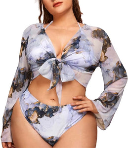 3pack Plus Tropical Halter Bikini Swimsuit & Kimono Grey