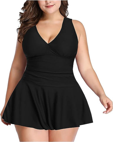 Swimdress Two Piece Retro V-Neck Swimsuit with Ruffles Solid Black