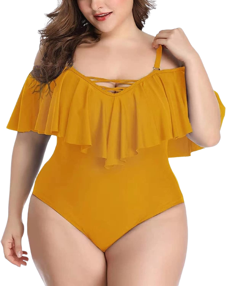 Plus Size Swimwear Yellow Color Ruffled One-piece Set Off-the-shoulder