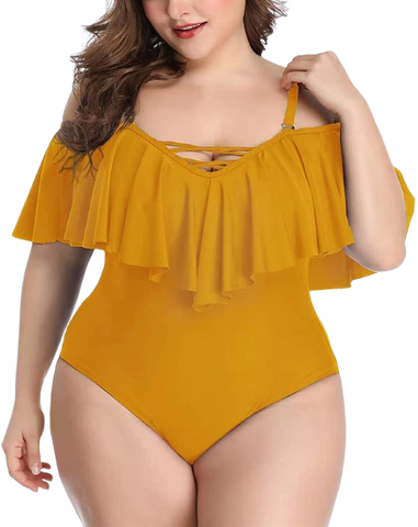 Plus Size Swimwear Yellow Color Ruffled One-piece Set Off-the-shoulder