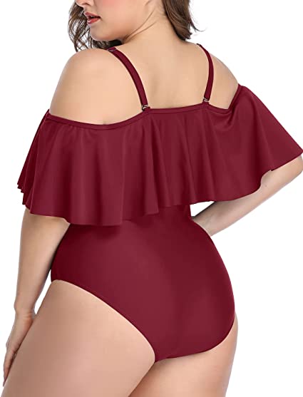 Plus Size Swimwear Red Color Ruffled One-piece Set Off-the-shoulder