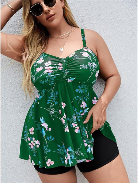 Plus Size Floral Print Swim Dress With Shorts Green