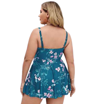 Plus Size Floral Print Swim Dress With Shorts Blue