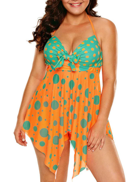 Plus Size Orange Blue Cute Polka Dot Print 2pcs Tankini Swimsuit