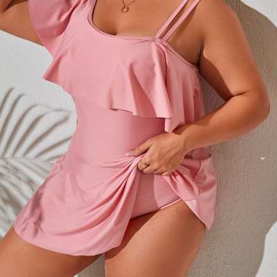 Light Pink Plus Ruffle Trim Asymmetrical Swim Dress With Bikini Bottom