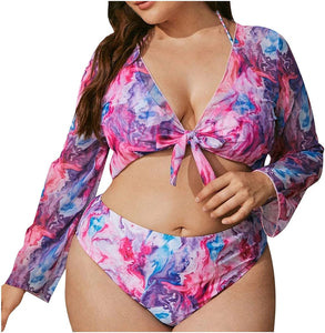 3pack Plus Tropical Halter Bikini Swimsuit & Kimono Pink