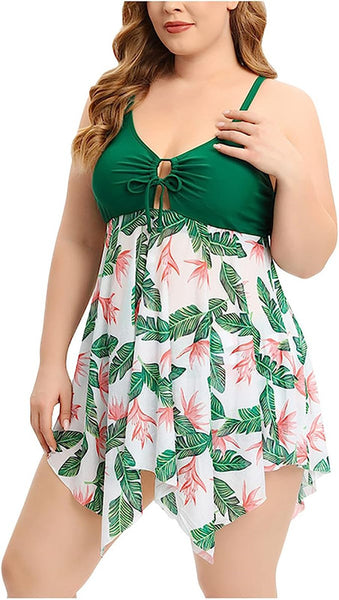 Plus Size Green Floral Printed Two Pieces Swimsuits
