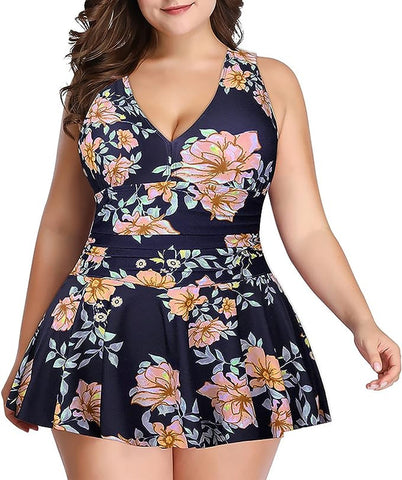 Swimdress Two Piece Retro V-Neck Swimsuit with Ruffles Floral Print