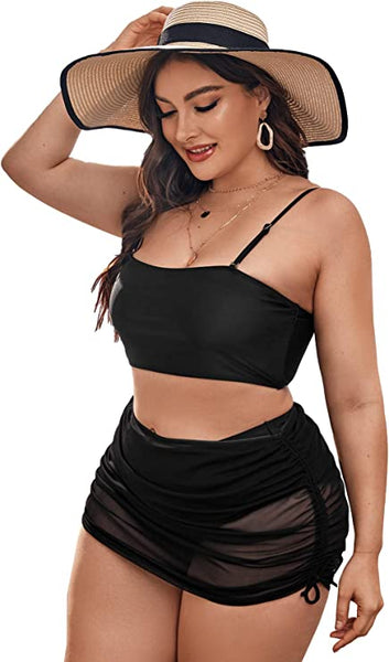 3 Piece Black Plus High Waisted Bikini Swimsuit & Drawstring Cover Up