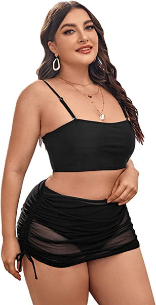 3 Piece Black Plus High Waisted Bikini Swimsuit & Drawstring Cover Up