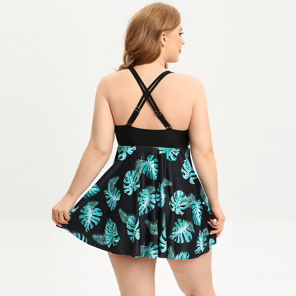 Plus Size Black Tropical Print Knot Front Ruffle Hem Bikini Swimsuit