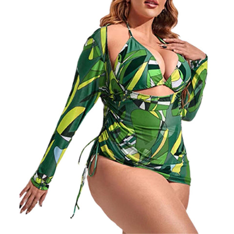 3pack Plus Print Bikini Swimsuit & Cover Up Green