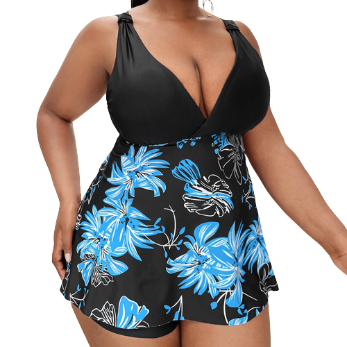 Plus Floral Print Blue Bikini Swimsuit