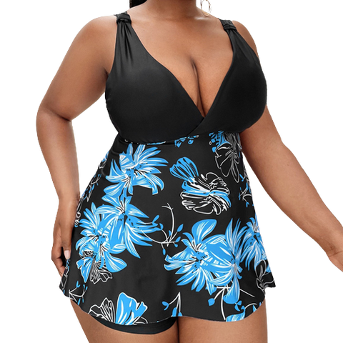 Plus Floral Print Blue Bikini Swimsuit