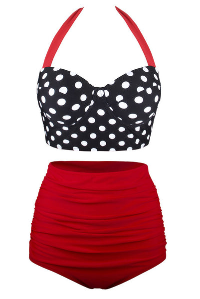 Red Vintage Halter Push Up Polka Dot High Waist Plus Size Bikini